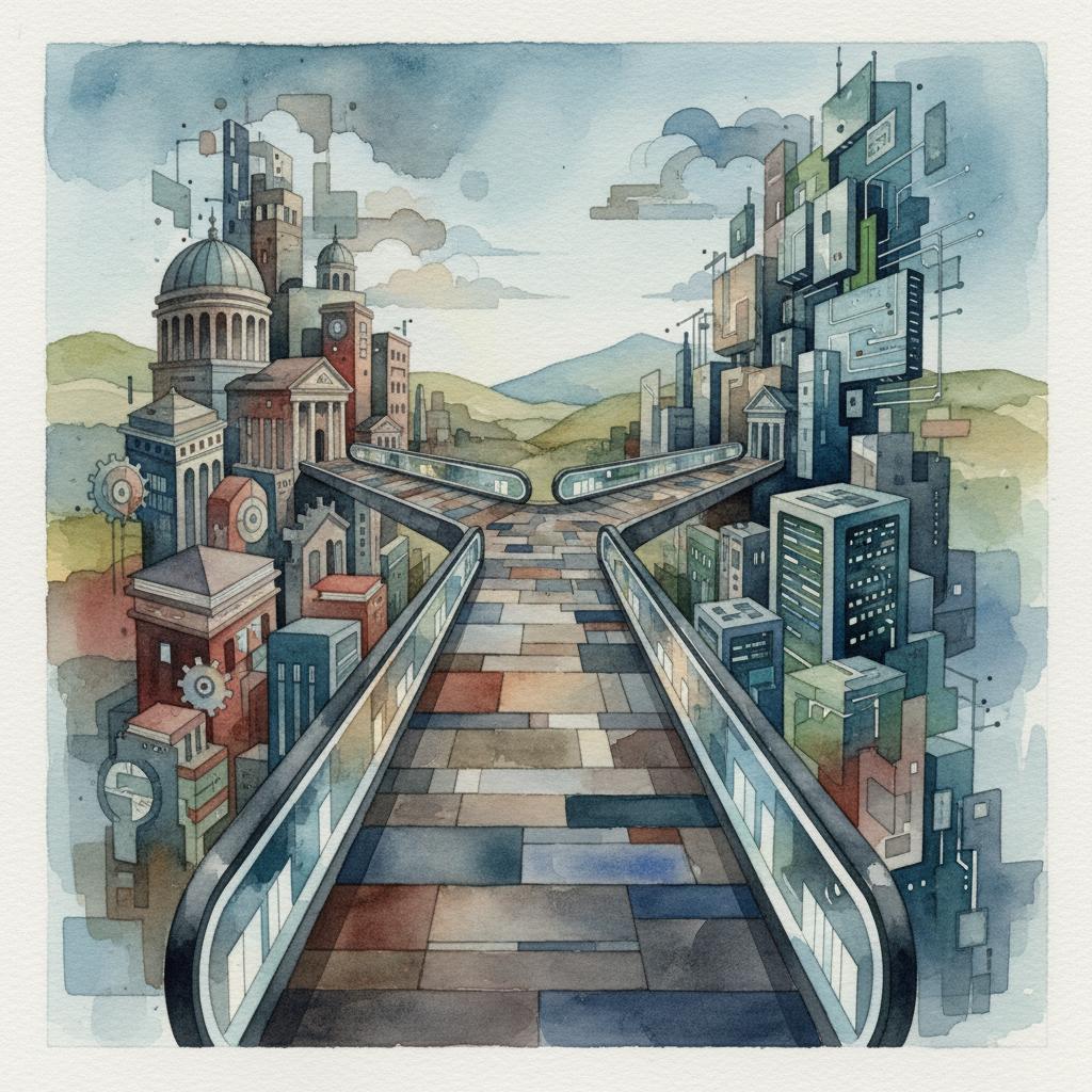 artistic representation of a moving walkway with a fork leading to academia or industry