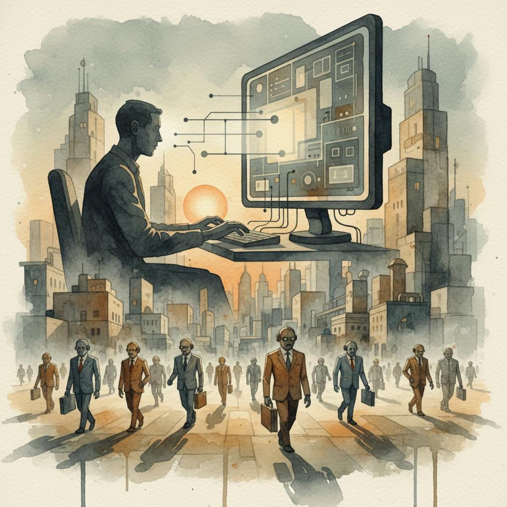 artistic representation of a person using a computer to control agentic businesspersons