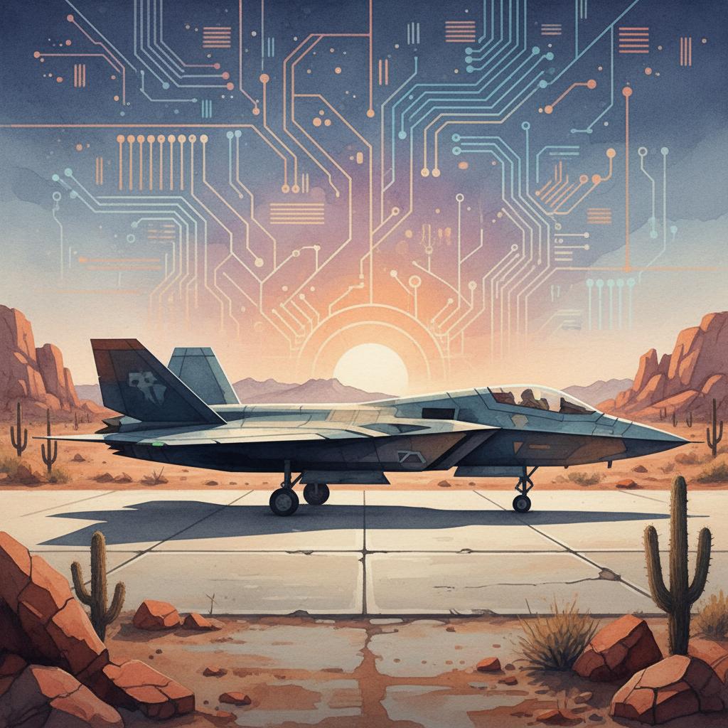 artistic representation of an f-23 in the arizonan desert under a silicon sky