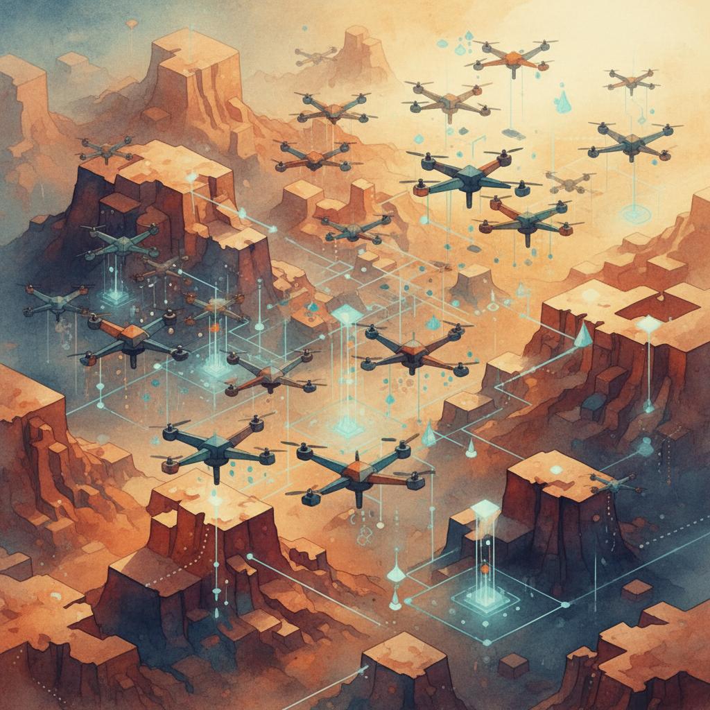 artistic representation of an autonomous swarm of drones over rugged terrain