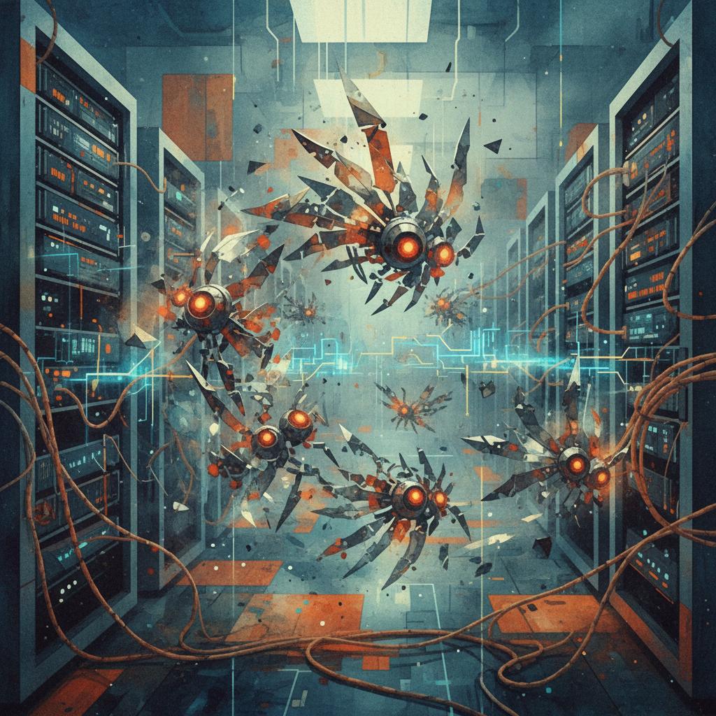 artistic representation of a server room breached by malicious autonomous actors