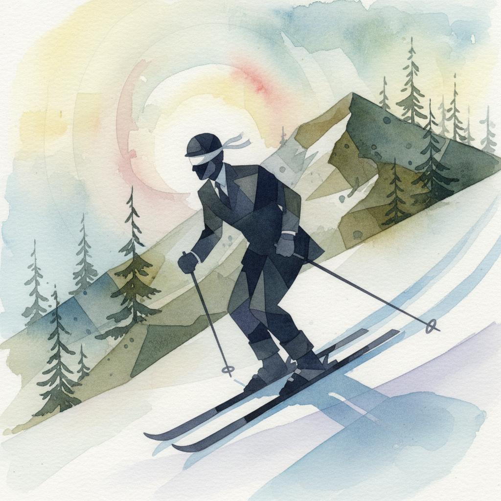 artistic representation of a blindfolded executive navigating treacherous terrain