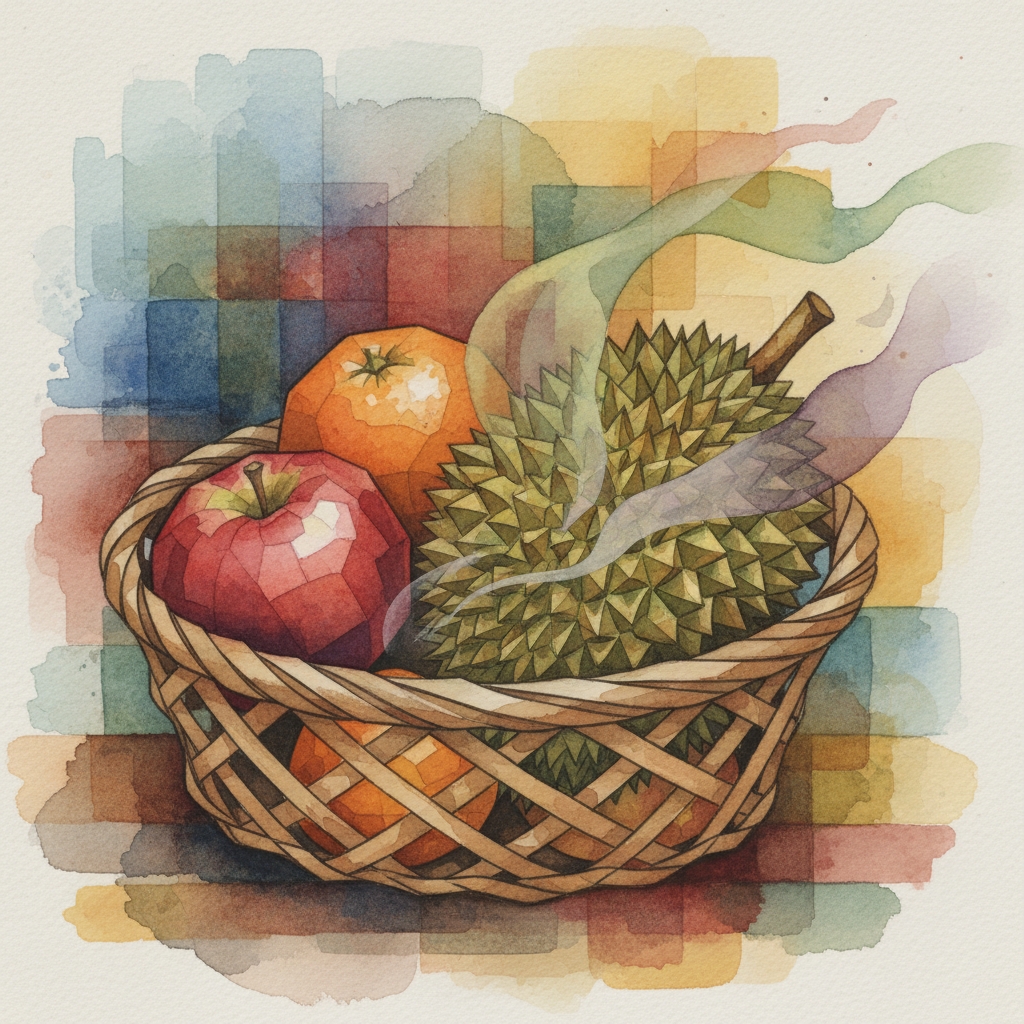 artistic representation of a basket of apples and oranges - and durian