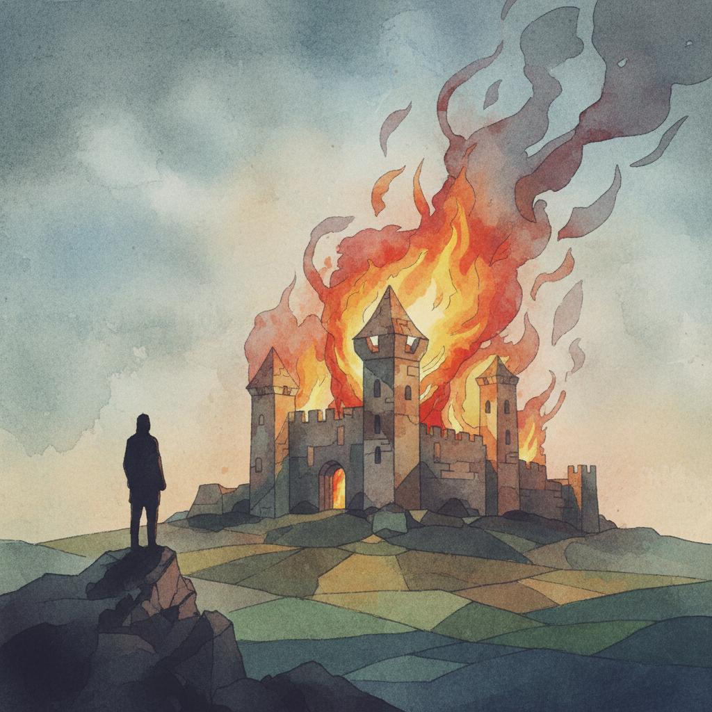 artistic representation of a figure standing before a burning castle
