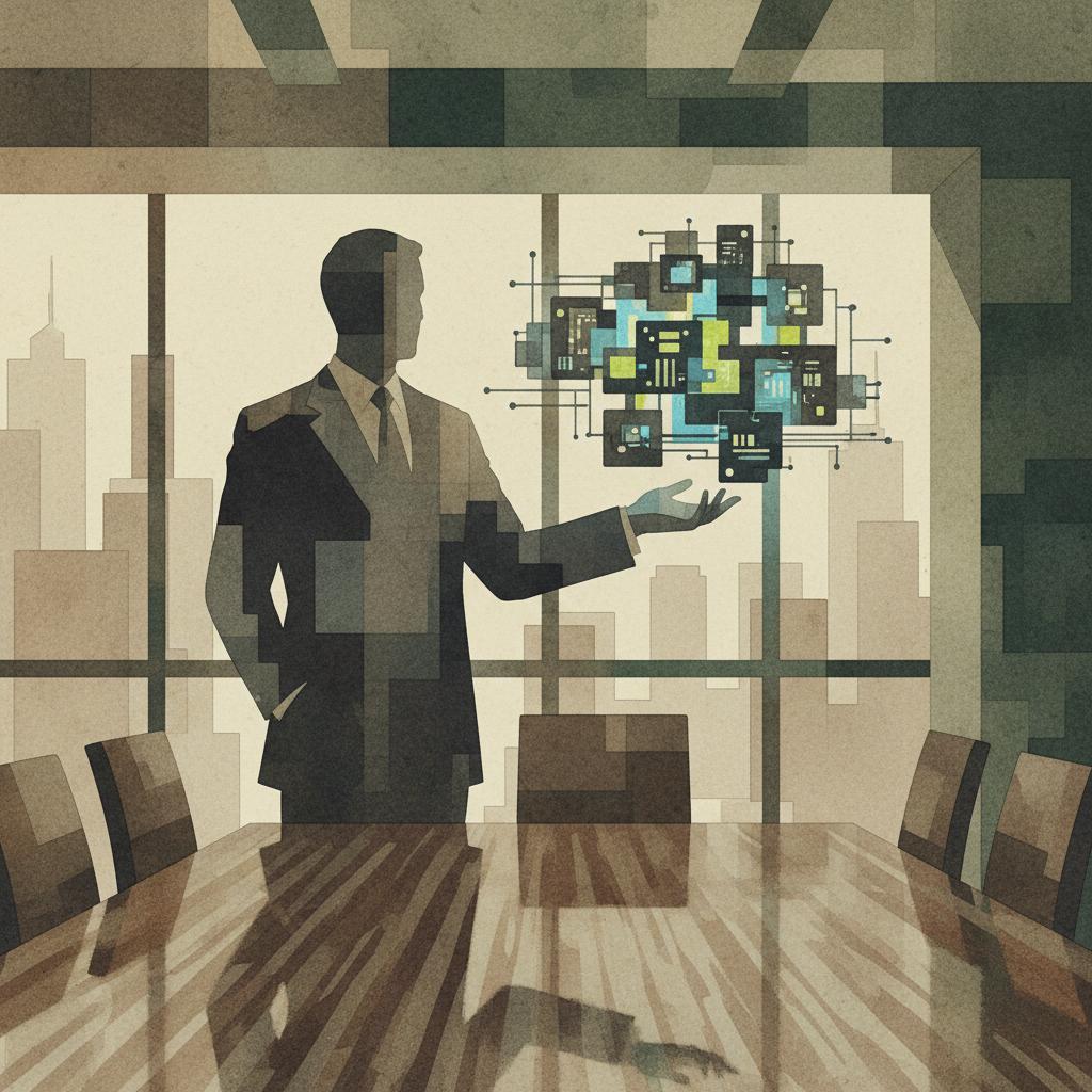 artistic representation of a corporate executive presenting a cybernetic model in a boardroom
