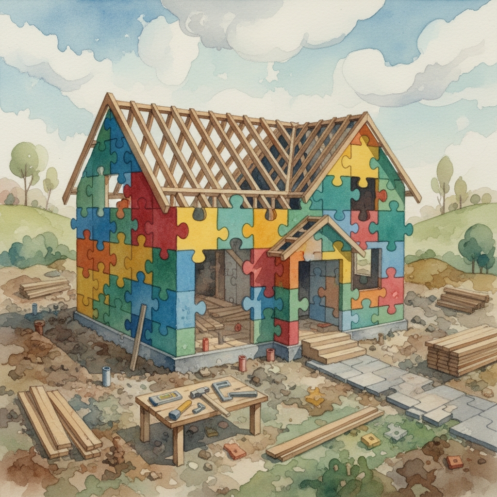 artistic representation of a home being constructed from puzzle pieces