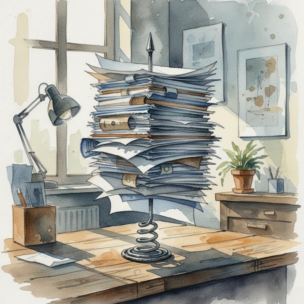artistic representation of a stack of contracts held in place on a metallic pin