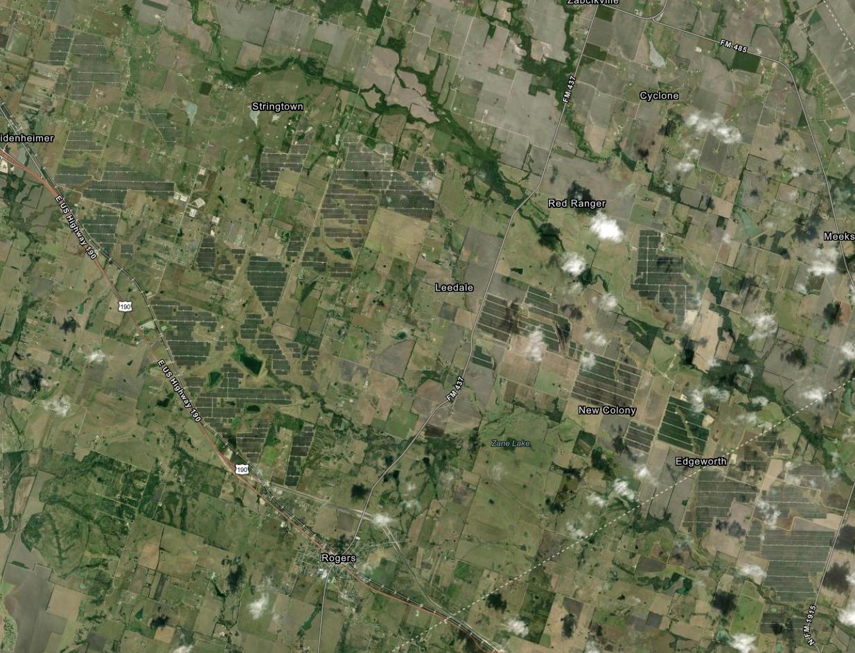 Satellite photo of solar energy production belt East of Temple, Texas