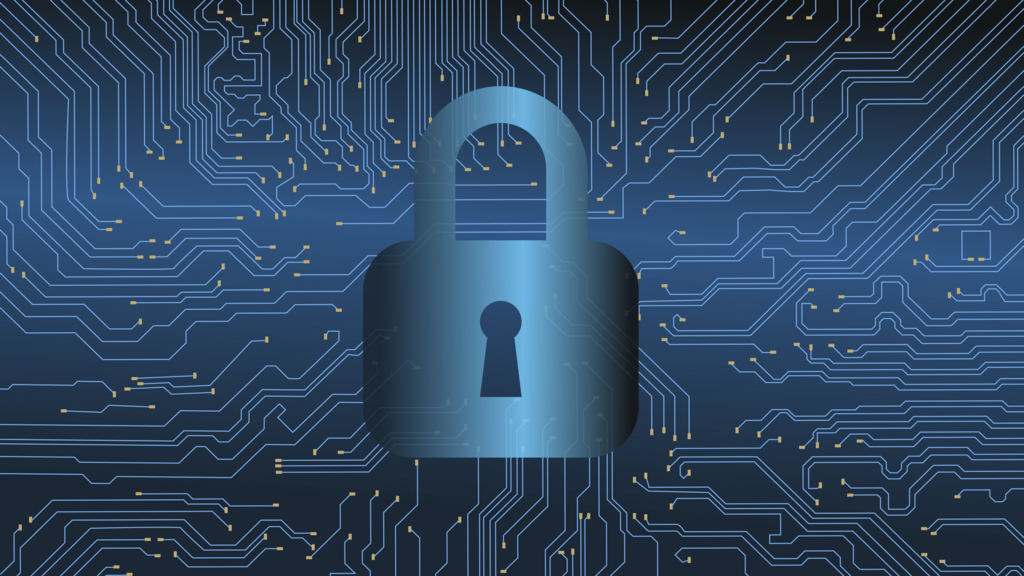 A glowing padlock icon over a blue circuit board background representing cybersecurity and software protection.