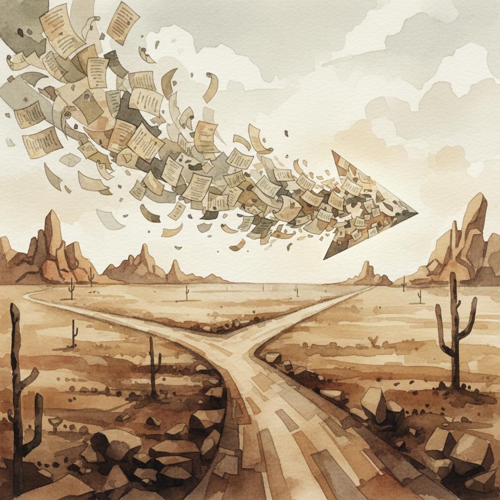 artistic representation of documents forming an arrow at a fork in the road