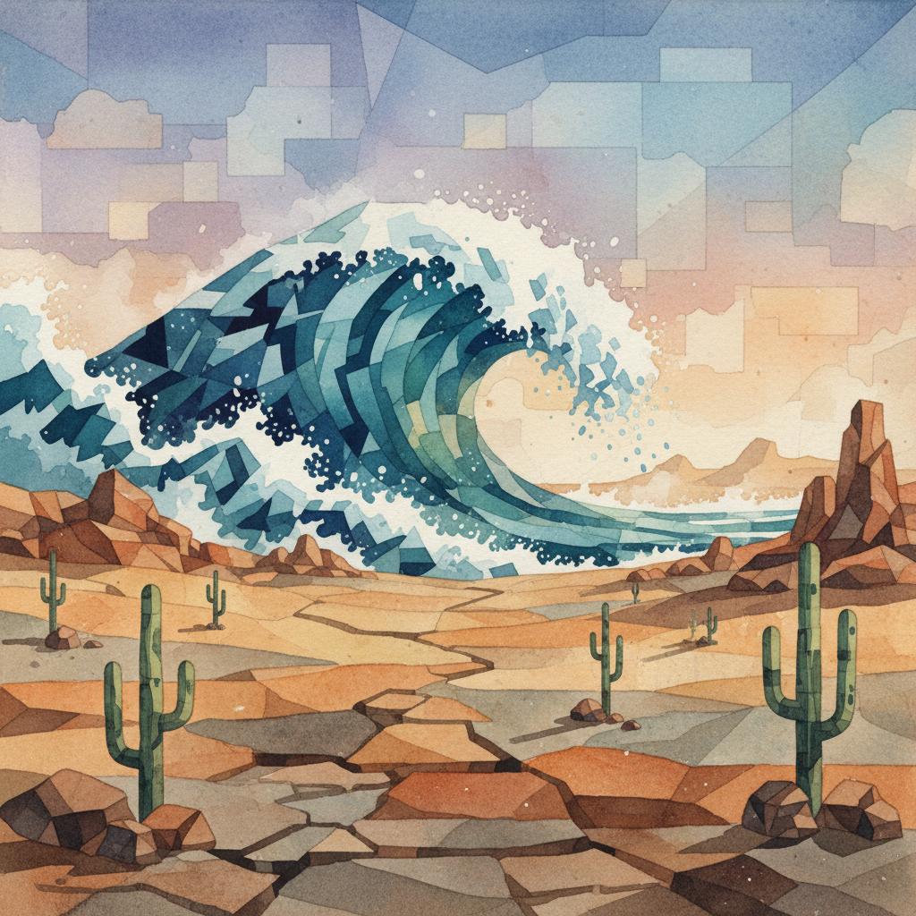 artistic representation of a tidal wave in a barren desert