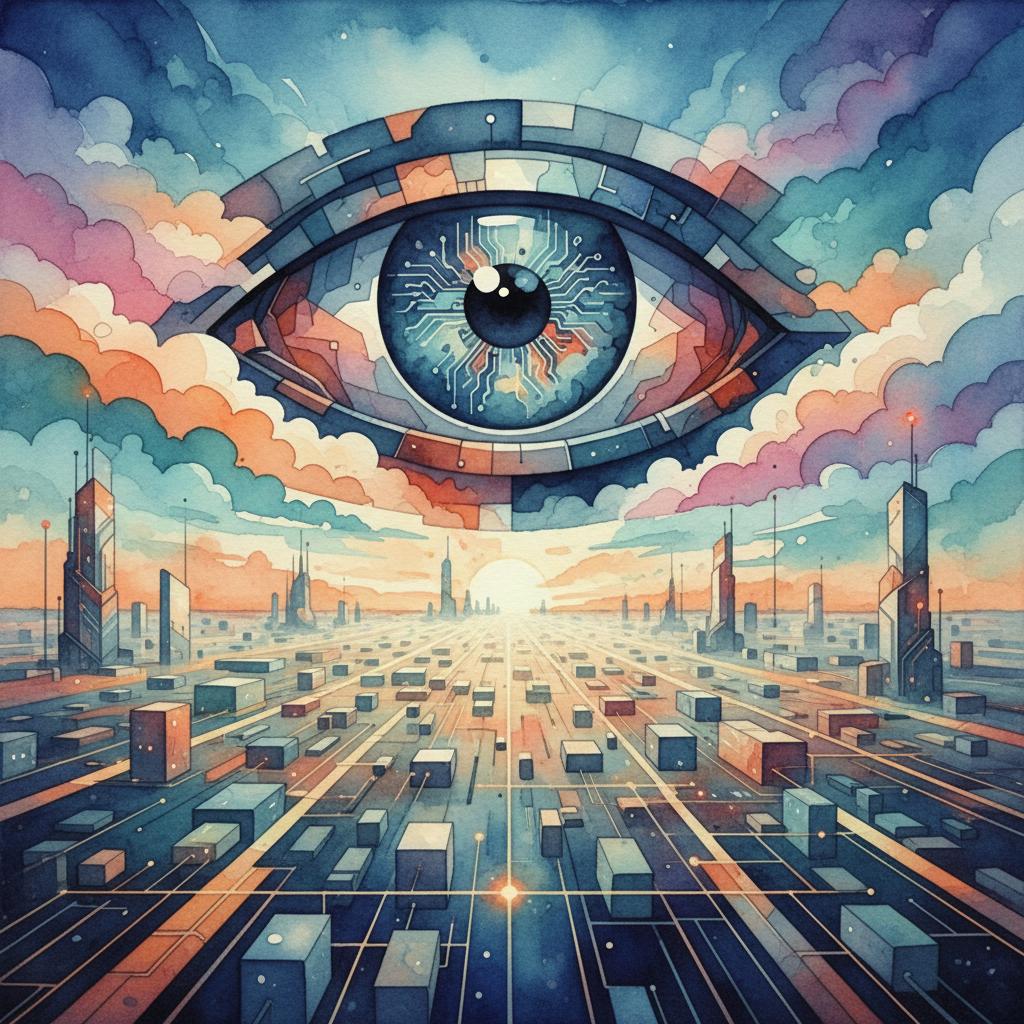 artistic representation of a watchful eye over a digital landscape