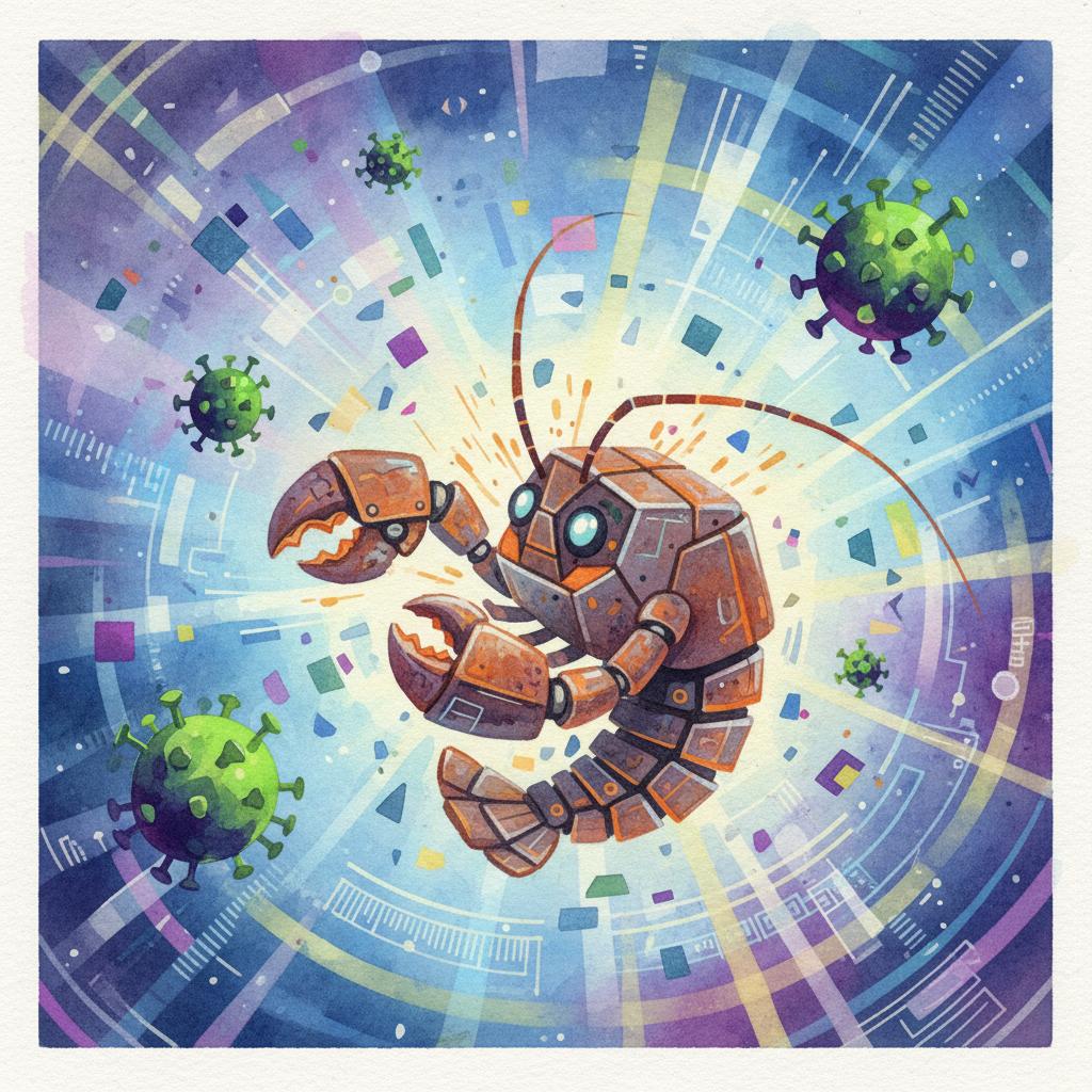 artistic representation of a digital virus attacking a robotic lobster
