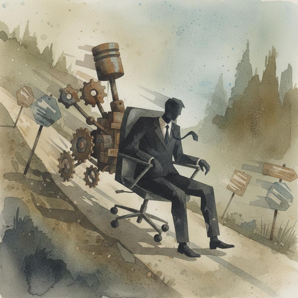 artistic representation of an office worker being pushed downhill by a machine assistant