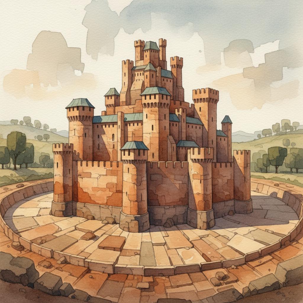 artistic representation of a grandiose castle with an empty moat
