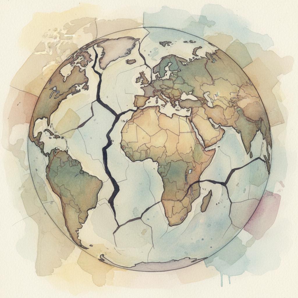 artistic representation of a globe with national borders, fractured