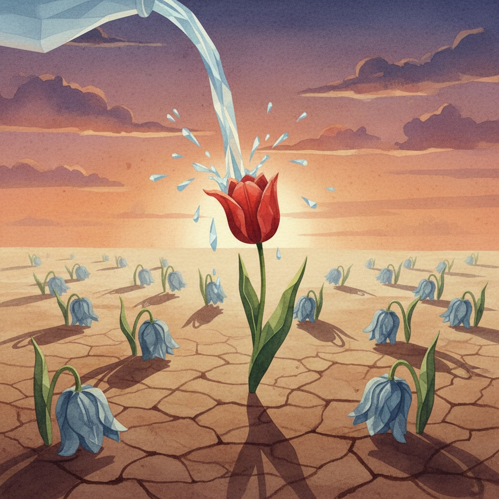 artistic representation of a tulip being overwatered while others are neglected