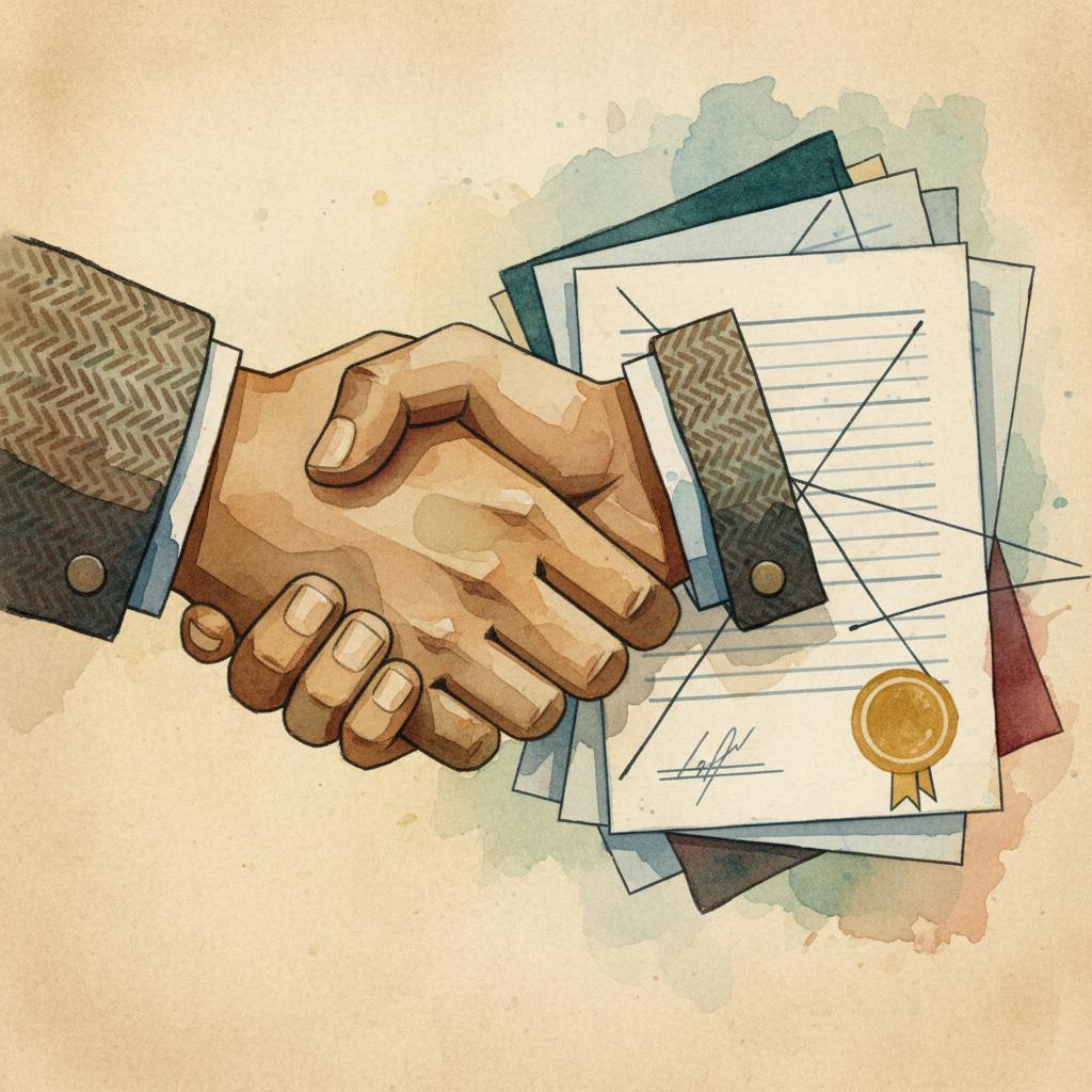 artistic representation of the juxtaposition and handshakes and contracts
