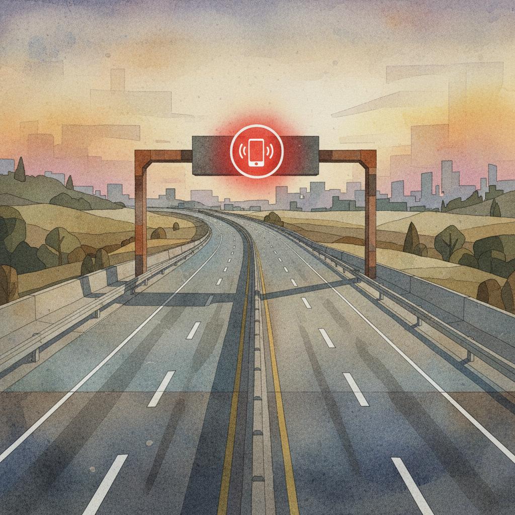 artistic representation of a stop signal with a phone icon on a multi-lane highway