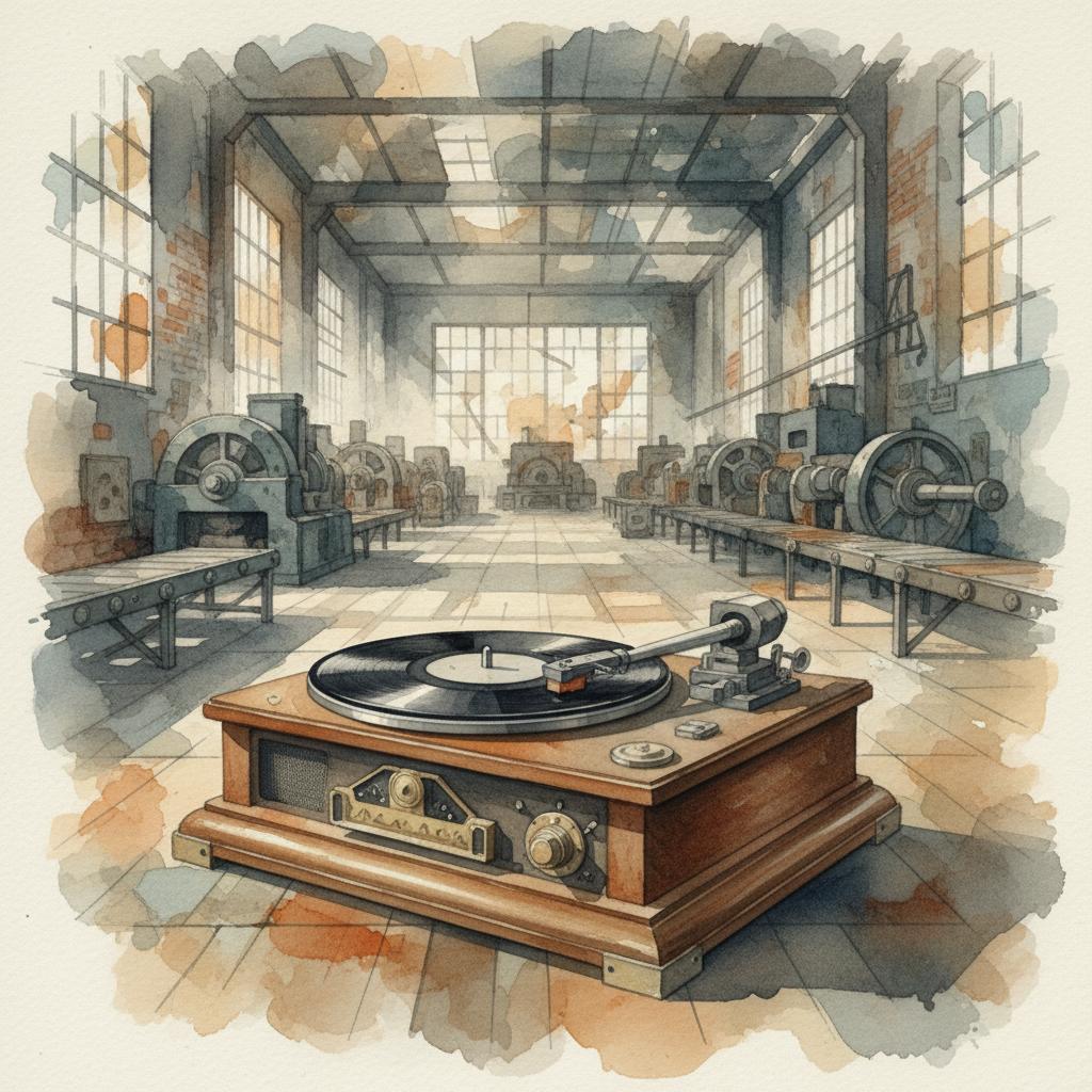 artistic representation of a vinyl music player in a midcentury factory