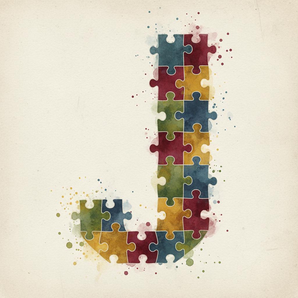 artistic representation of the letter 'J' with colored jigsaw pieces