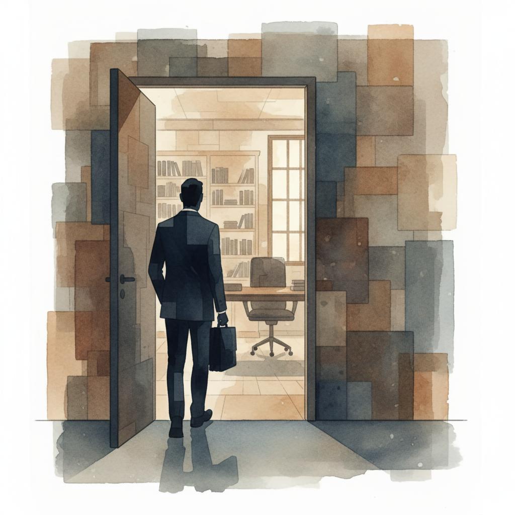 artistic representation of a businessman entering the office of a law firm