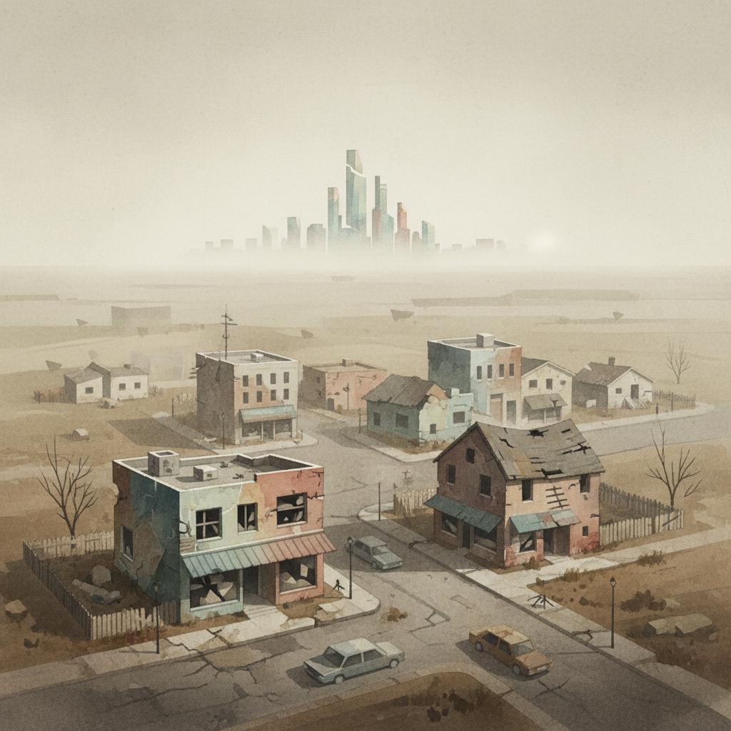 artistic representation of a small town in dire straits, with a glistening city skyline in the distance
