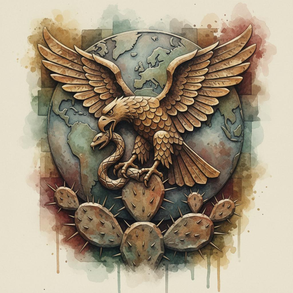 artistic relief representation of an eagle eating a snake in front of a globe