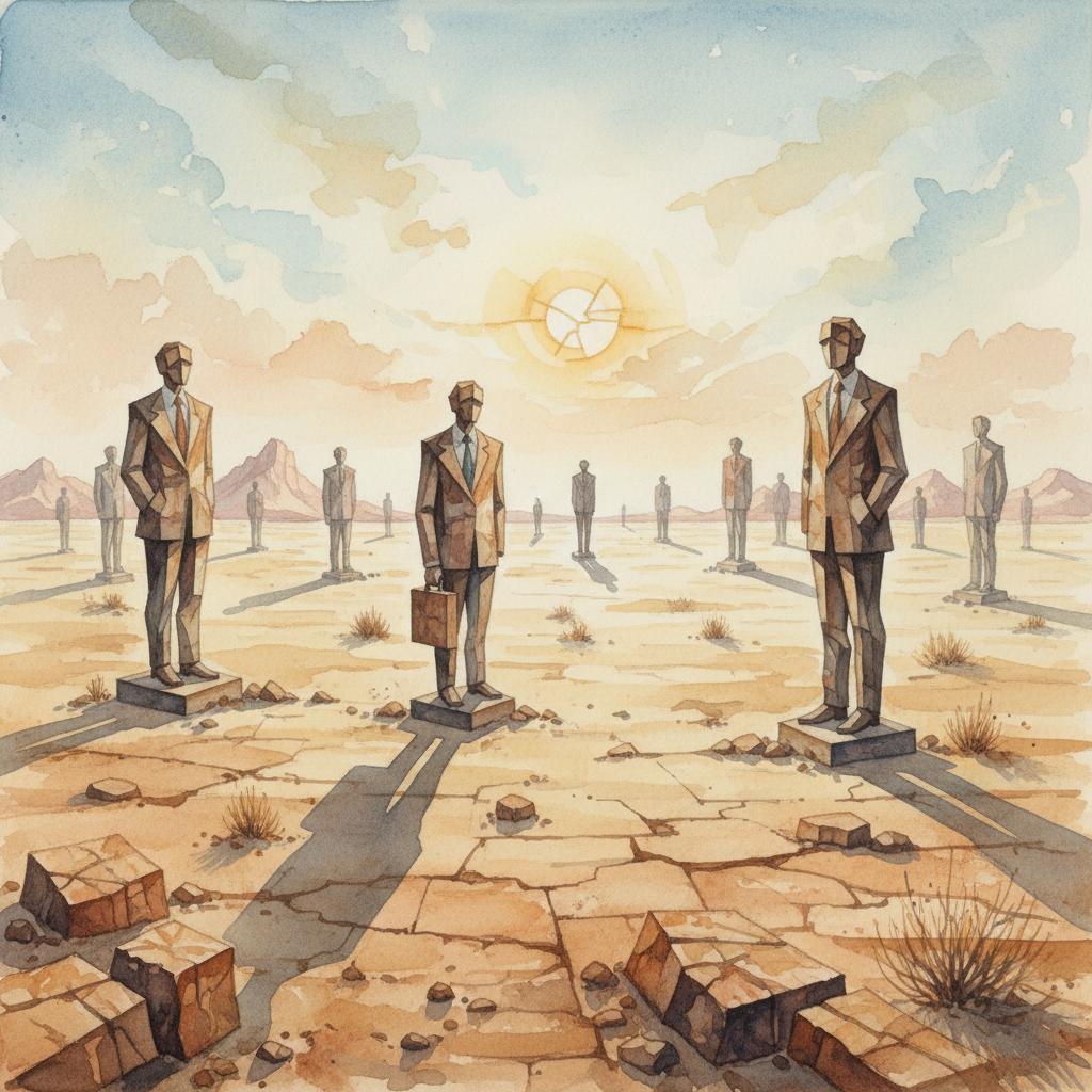 artistic representation of sculptures of businessmen in an arid desert