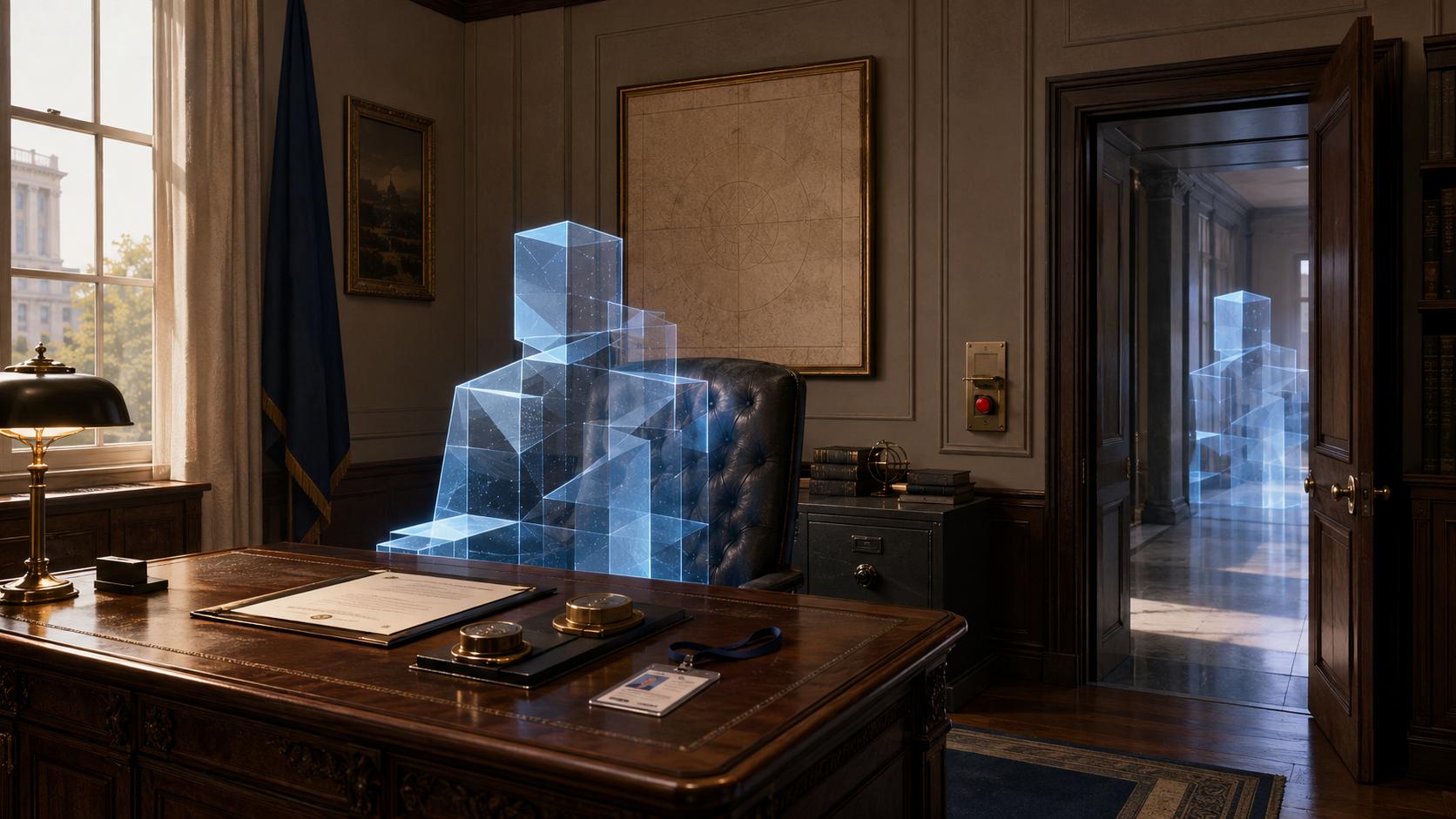 artistic representation of an ai agent in an institutional office