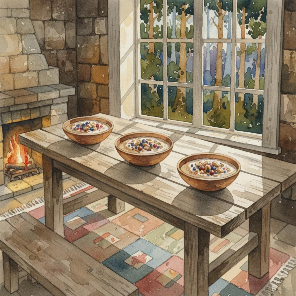 artistic representation of three bowls of porridge in a forest cottage