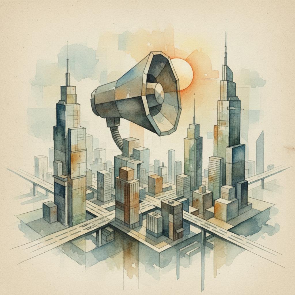 artistic representation of a loudspeaker over a corporate landscape