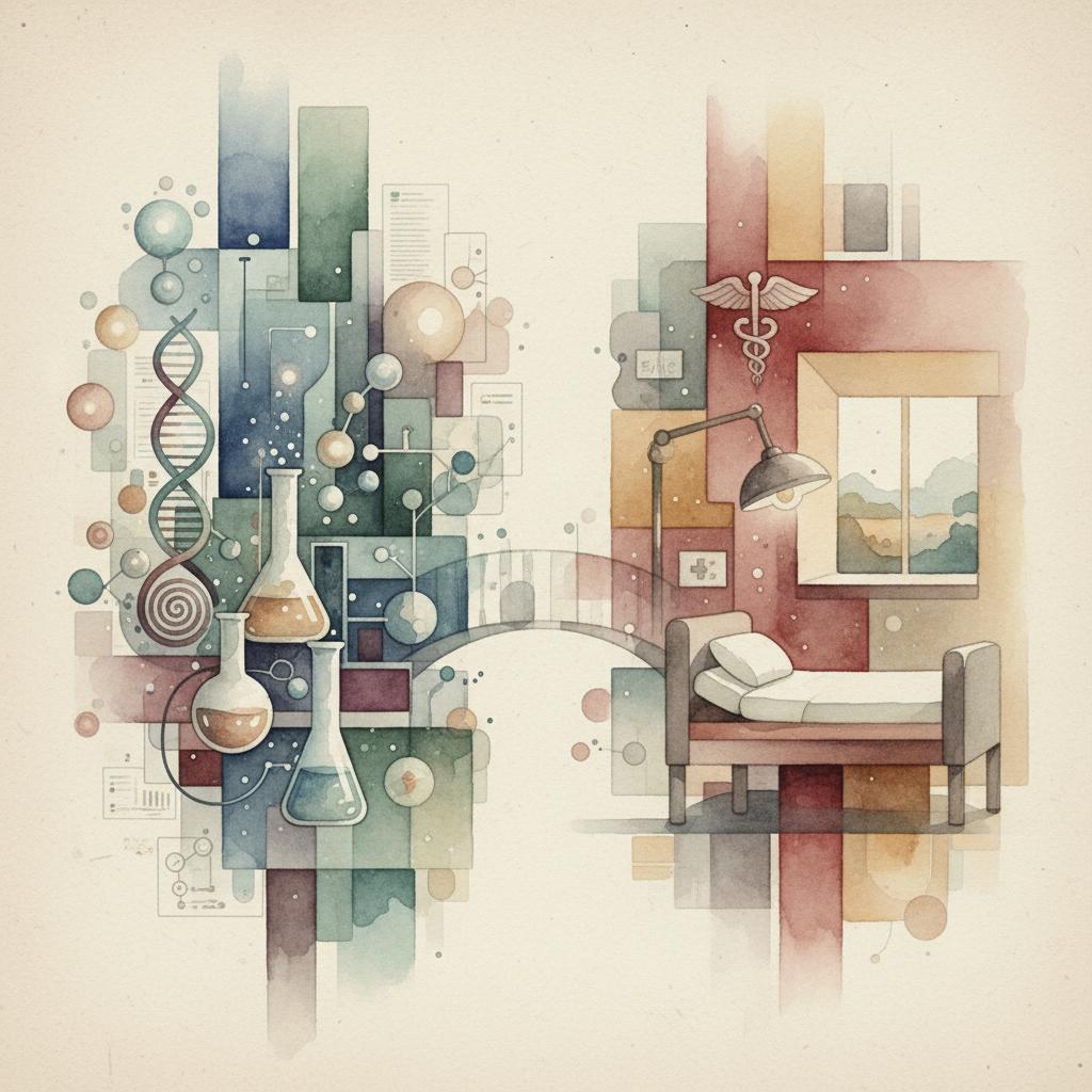 artistic representation of biomedical research and health clinic juxtaposed