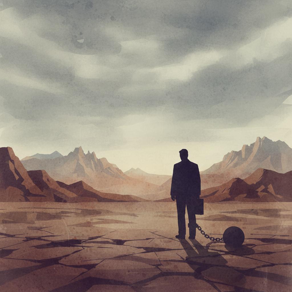 artistic representation of a businessperson attached to a ball and chain