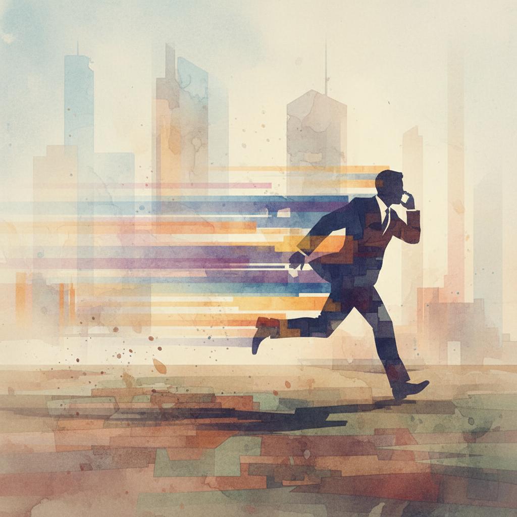 artistic representation of a buisnessman on a phone moving at rapid speed