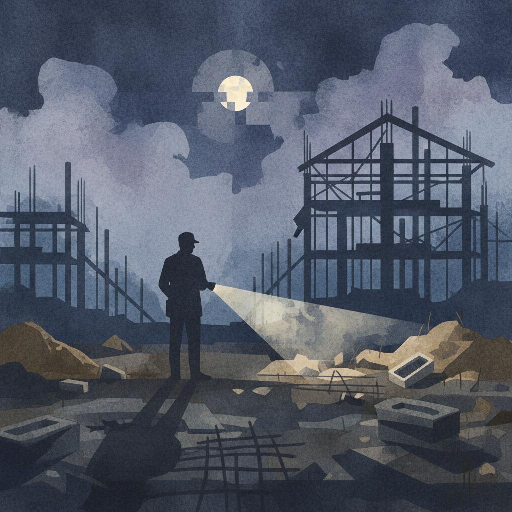 artistic representation of a security guard on a property at night