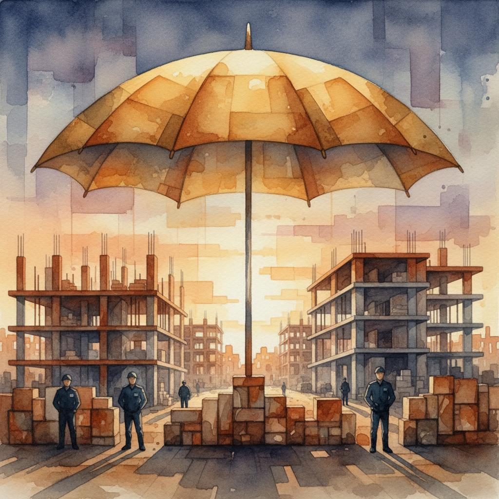 artistic representation of a golden umbrella over a construction site with security guards