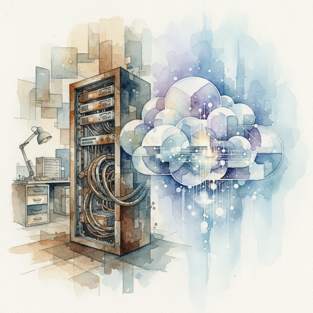 artistic representation of the juxtaposition of self-hosted compute services vs cloud-based compute services