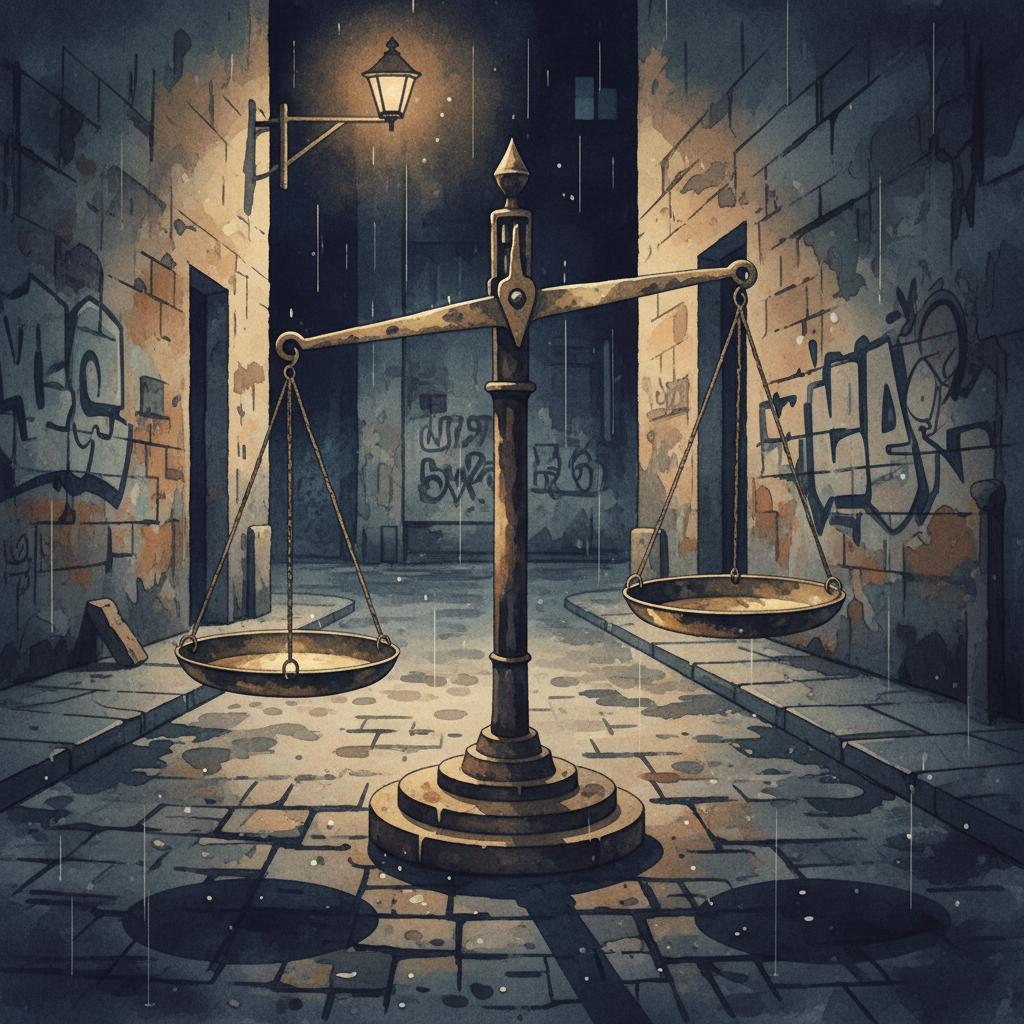 artistic representation of the scales of justice in a dark alley