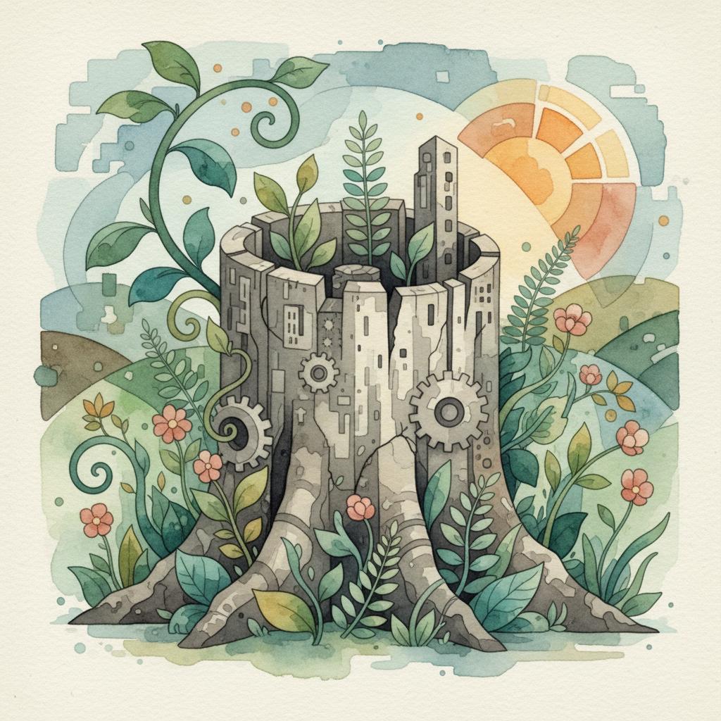 artistic representation of new sprout growth around a corporate stump