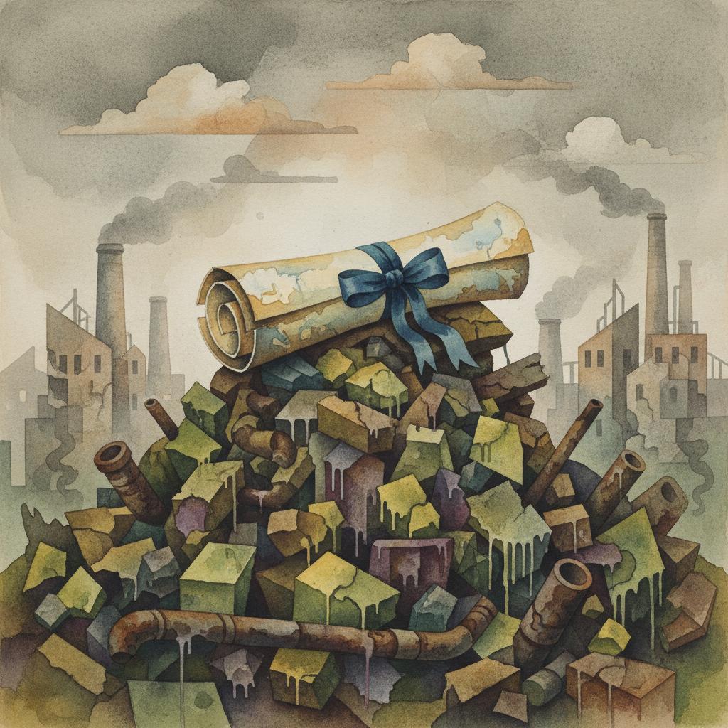 artistic representation of prestigious academic credentials situated atop a mound of toxic waste