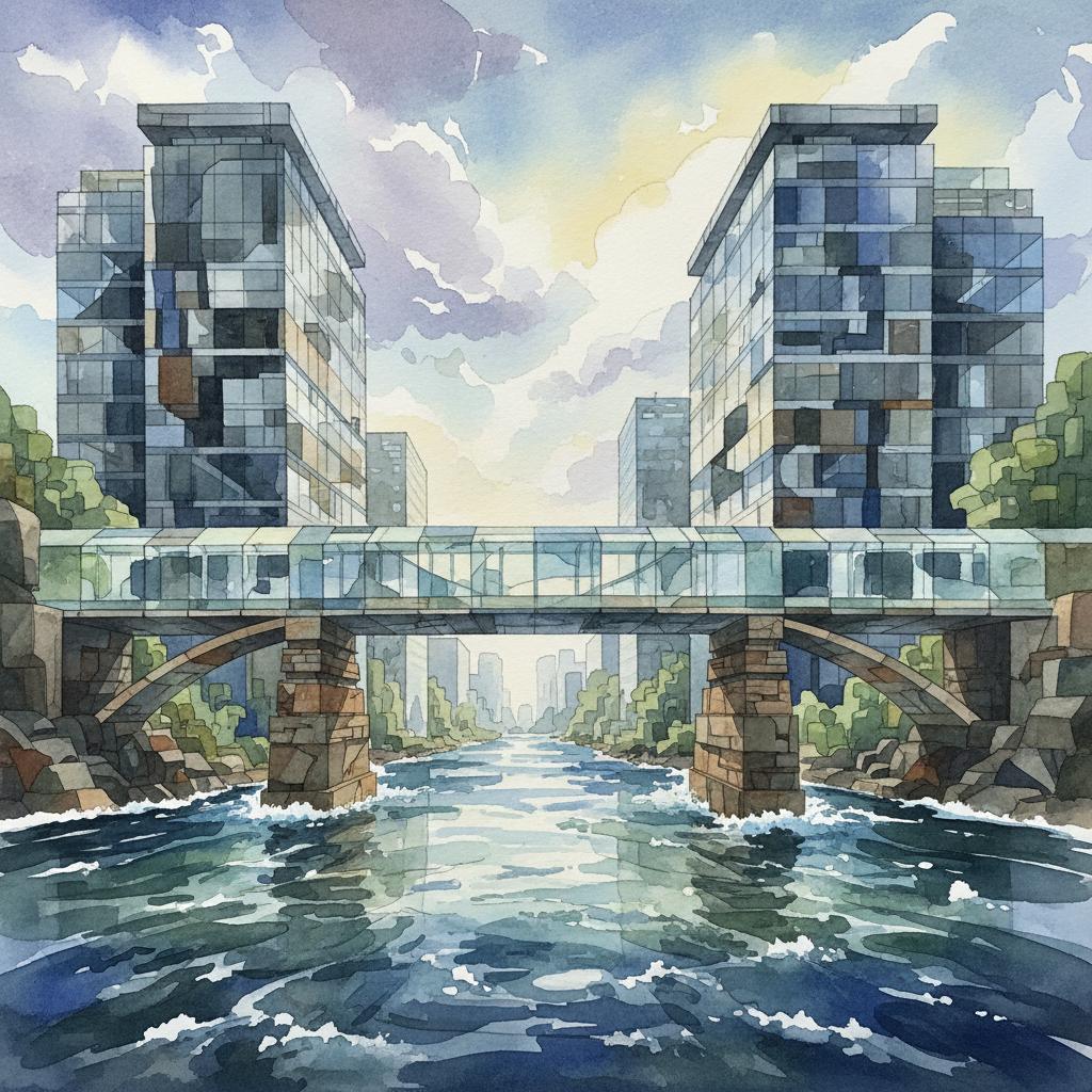 artistic representation of a transparent bridge connecting businesses across treacherous waters